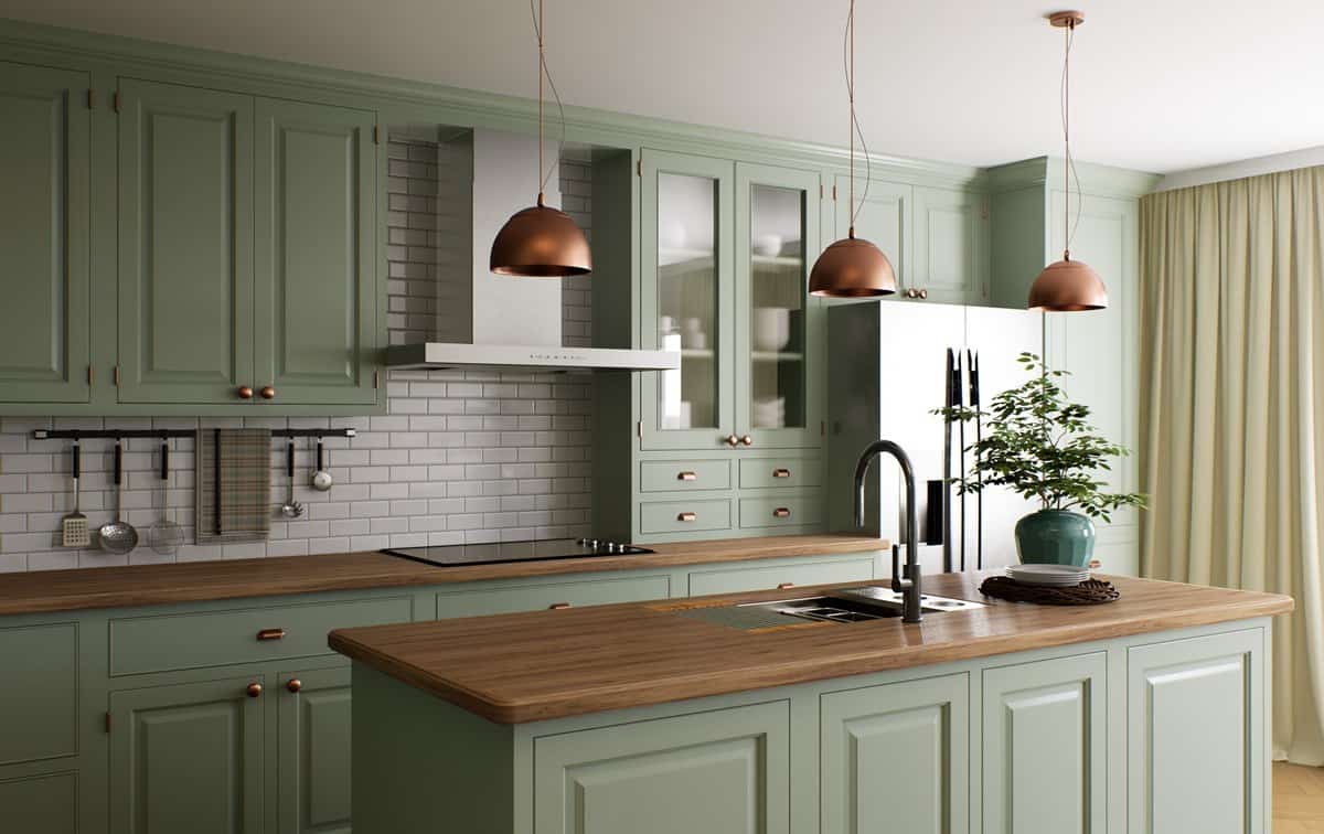 Green kitchen interior with island. Stylish kitchen with wooden worktops. Cozy olive kitchen with utensils and appliances. Close-up of a dining table in the background of the kitchen. 3D visualization green cabinets in a small kitchen